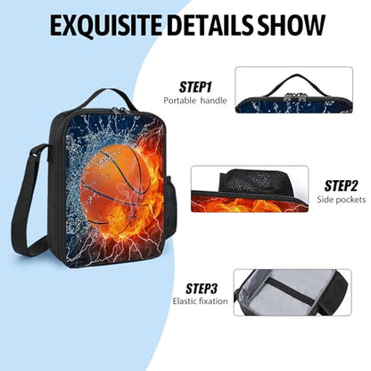 3PCS Basketball Backpack for Boys Girls Teens, School Backpack with Lunch Box Pencil Case for Elementary Middle High Students, 17 Inch Lightweight Bookpack 3 in 1 Set Back to Shool Supplies for Kids - color: Water Fire Basketball S01