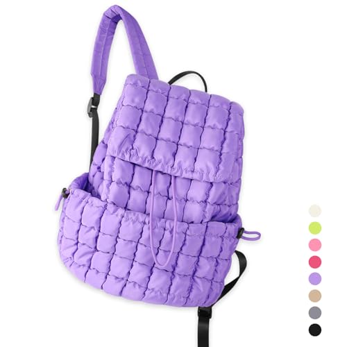 IzuztA Quilted Puffer Backpack for Women, Lightweight Soft Nylon Quilted Hiker Pack Top Flap Drawstring Backpack, Trendy Puffy Padding Gym Travel Bag for Casual Daypack Hiking Sport (Purple) - color: Purple