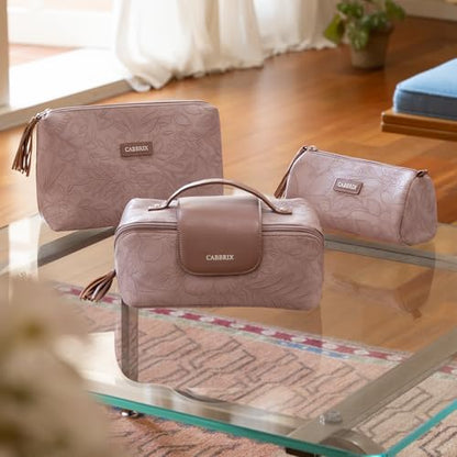 Cabbrix Travel Makeup Bag, Extra Large Capacity 3 Pcs Set Cosmetic Bag for Women, Waterproof PU Leather, Flat Open Portable Toiletry Bag for Skincare, Brushes & Travel Essentials (Purple) - color: Purple