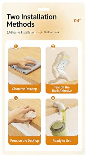 Cat Desk Hook for Kids - Damage-Free No Drill Desk Side Hook, 5KG Load Capacity ABS Backpack Hanger, Adhesive Included Multi-Purpose Organizer for Student School Desk/Home Office