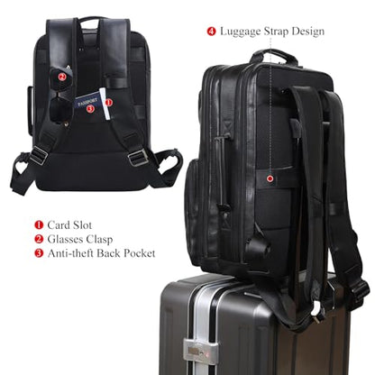 TIDING 17.3" Leather Laptop Backpack for Men Multi Pockets Casual Daypack Business Travel Rucksack, Black - color: Black