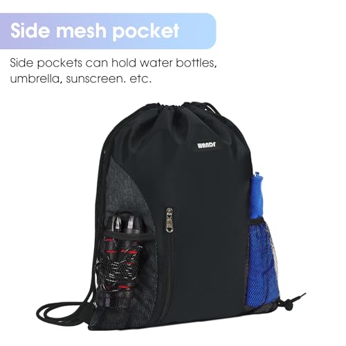 WANDF Drawstring Backpack Sports Gym Sackpack with Mesh Pockets Water Resistant String Bag for Women Men(Black) - color: Black