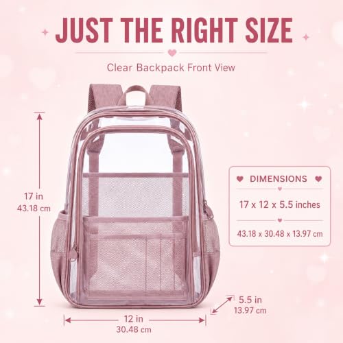 gxtvo Clear Backpack, Heavy Duty Transparent Bookbag, See Through Backpacks for Women Men | Heavy Duty - color: Chic Deep Pink Clear Backpack