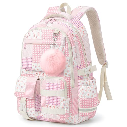 Quilted Backpack for Teen Girls,Cute Pink Patchwork School Backpack with Multi-Pocket Design,Lightweight Cotton Bookbag Fits 15.6" Laptop,Large Capacity Aesthetic Backpack with Plush Charm - color: Pink Patchwork