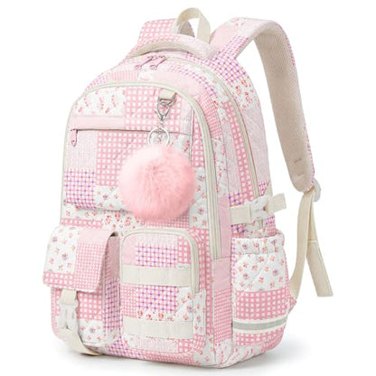 Quilted Backpack for Teen Girls,Cute Pink Patchwork School Backpack with Multi-Pocket Design,Lightweight Cotton Bookbag Fits 15.6" Laptop,Large Capacity Aesthetic Backpack with Plush Charm - color: Pink Patchwork