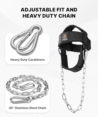 DMoose Fitness Neck Harness for Weight Lifting - Soft Padded Head & Chin Strap with 30" Heavy Duty Steel Chain - Neck Exerciser, Trainer & Strengthener to Support Injury Recovery and Intense Workouts - color: Black (Legacy Logo)