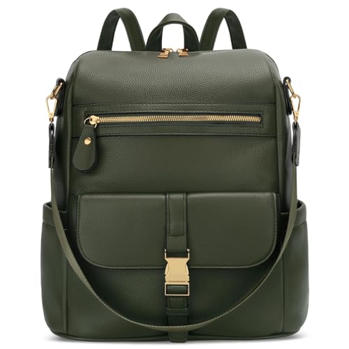 KKXIU Backpack Purse for Women - PU Leather Ladies Backpack for Daily with Anti-Theft Lock Pocket, Small Daypack with Luggage Strap & Water Bottle Pockets (Green) - color: Green
