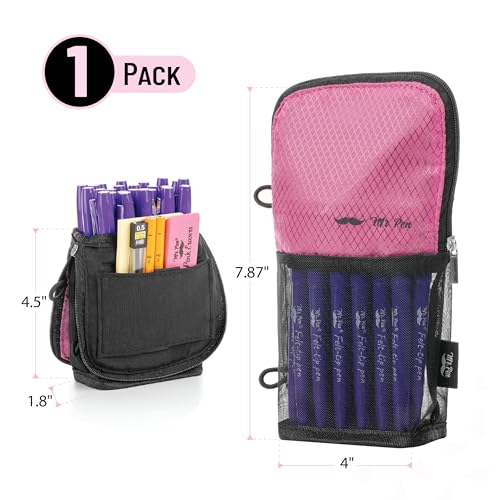Mr. Pen- Standing Pencil Case Pouch, Sit & Lay Mesh-View Design, Black & Pink, Interior Pocket & 2 Elastic Binder Loops, Cute Pencil Case for Girls and Boys - color: Black & Pink