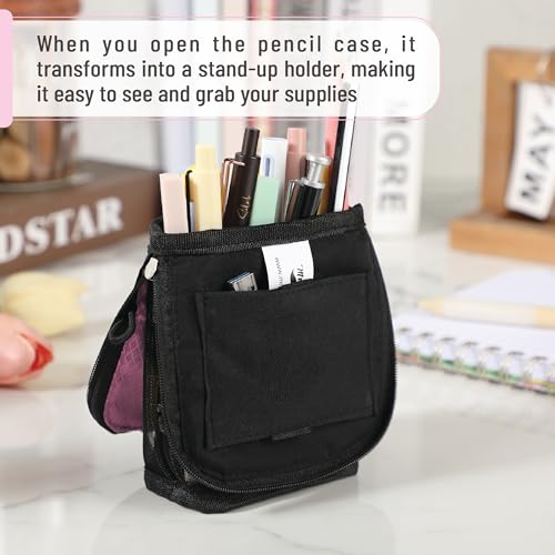 Mr. Pen- Standing Pencil Case Pouch, Sit & Lay Mesh-View Design, Black & Pink, Interior Pocket & 2 Elastic Binder Loops, Cute Pencil Case for Girls and Boys - color: Black & Pink