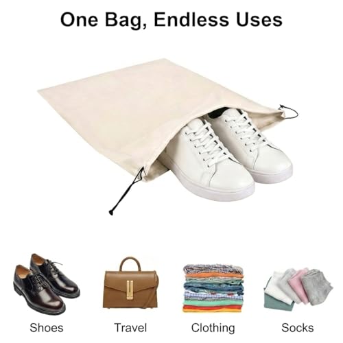 Shoe Bags for Travel, 4 Pack Travel Shoe Bag Organizer, Large Flannel Shoe Bags with Drawstring for Boots, Heels, Handbags & Packing, Washable Reusable Shoe Pouches, Black & Beige