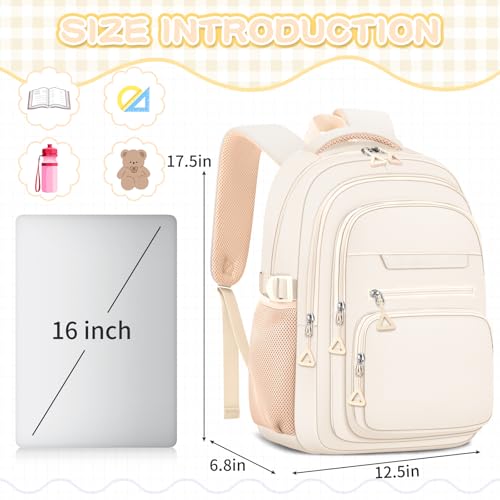 PRAGARI Cute Backpack for School Girls Aesthetic Backpack Women College Bookbag Large Students Laptop Bag Travel Casual Daypack - color: Beige