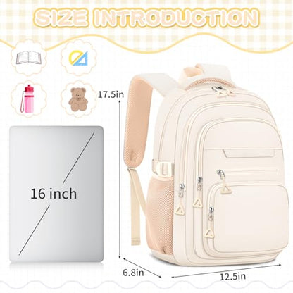PRAGARI Cute Backpack for School Girls Aesthetic Backpack Women College Bookbag Large Students Laptop Bag Travel Casual Daypack - color: Beige