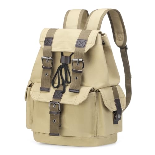 Vintage Canvas Backpack for Men Women, Durable Casual Daypack, Large Capacity Travel Rucksack Fits for Hiking and Daily Use (Khaki) - color: Khaki