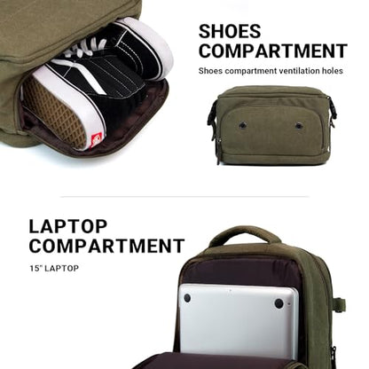 KAUKKO Canvas Travel Backpack, Personal Item Airline Approved, Carry On Backpack with Multi-Pockets and Shoe Pouch, fit 15.6 inch Laptop, 40L Weekender Bag, 11-ARMYGREEN - color: 11-armygreen