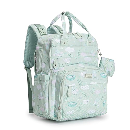 BabbleRoo Diaper Bag Backpack - Baby Essentials Travel Tote - Multi Function Water Resistant Diaper Bag, Travel Essentials Baby Bag with Changing Pad, Stroller Straps & Pacifier Case - Green Birdy - color: Green Birdy, size: Large