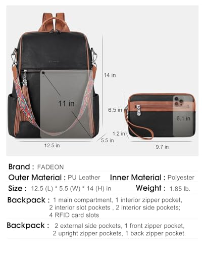FADEON Leather Backpack Purse for Women Designer Travel Backpack Purses PU Fashion Ladies Shoulder Bag with Tassel - color: 2 Retro Black With Brown