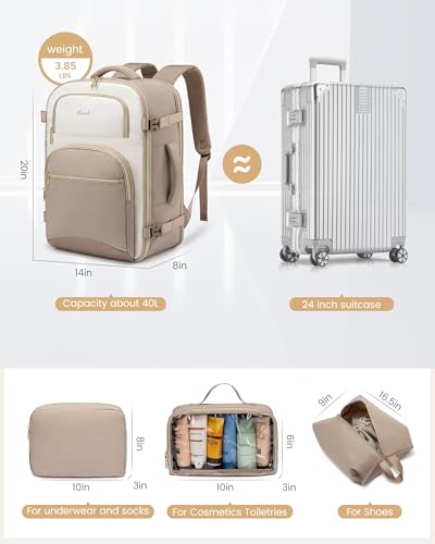 LOVEVOOK Travel Essentials Carry on Backpack 50L Travels Backpack for Women,Waterproof TSA Personal Item Travels Bag Airline Flight Approved,Large Carry on Luggage Laptop Backpack with Packing Cubes - color: Khaki - Beige White - Light Mud, size: X-Large-