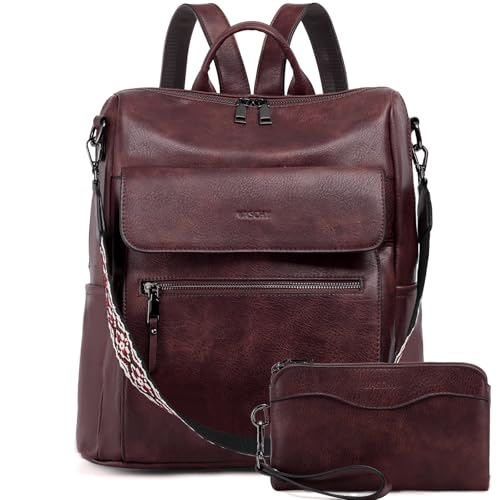 VASCHY Backpack Purse for Women, Large Vegan Leather Backpack Purse with Wallet Pouch Set Convertible Handbag for Ladies Guitar Strap Burgundy - color: Burgundy