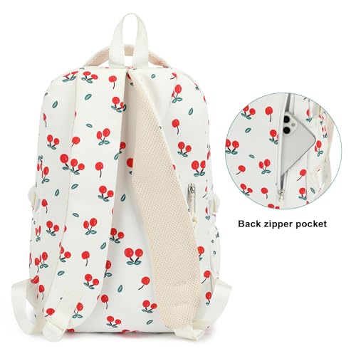 Kids High Middle School Backpack for Girls 5-12 Kawaii Travel Cherry Bookbag,Beige Cherry - color: Beige Cherry