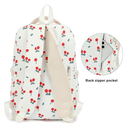 Kids High Middle School Backpack for Girls 5-12 Kawaii Travel Cherry Bookbag,Beige Cherry - color: Beige Cherry