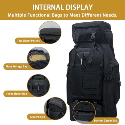 80L Camping Hiking Backpack, Large Military Tactical Backpack with USB Charging Port, Waterproof Travel Daypack With Carabiner Outdoor MOLLE Rucksack for Men Women (Black) - color: 80l Black-biner