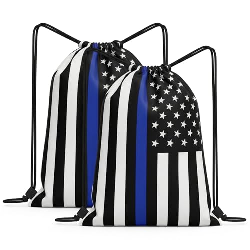Thin Blue Line American Flag Drawstring Backpack, Lightweight Cinch String Sports Sackpack for Men & Women,pack of 2 - color: Americanflag-blue Stripe