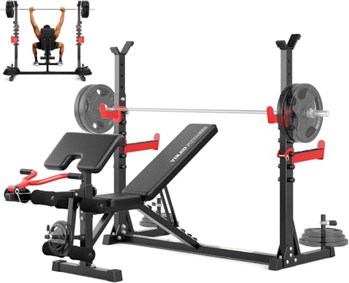 YOLEO Weight Bench with Rack - Bench Press Set, Leg Extension, Preacher Curl & Flat/Incline/Decline Full Body Workout Bench, Adjustable Olympic Weight Benches for Home Gym(47.44IN WIDE GRIP)