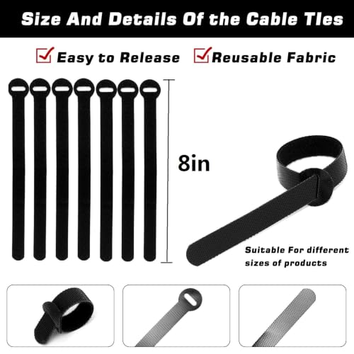 60pcs Reusable Fastening Cable Ties, 8-Inch Cable Straps Cable Management, Multi-Purpose Hook & Loop Cord Organizer Wire Ties, Adjustable Cable Organizer Cord Ties, Microfiber Cloth Straps, Black - size: 8"(60 Pack)