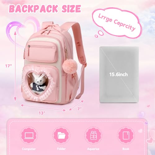 MOONBABY Girls Backpack Set with Lunch Bag & Pencil Case for School, Cute Kawaii Ita Heart Window Bookbag, Large Kids Backpack for Girls Age 6-12, Elementary & Middle Schoolbag - color: Pink-white-set