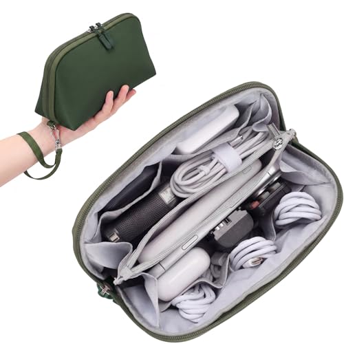 FYY Travel Cable Organizer - 8 Compartments Lightweight Water Resistant Tech Pouch with Wrist Strap, Electronic Accessories Case for Cord Charger Storage for Travel Home Office, Green (Medium) - color: Green, style: M