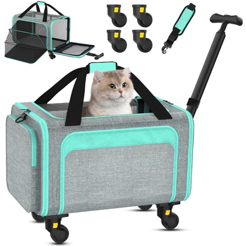 Rolling Pet Carrier with Detachable Wheels - 18x11x11 TSA Airline Approved for Southwest Delta United American, Soft Sided Expandable Travel Bag for Small Dogs & Cats up to 15Lbs, Fits Under Seat - color: Green