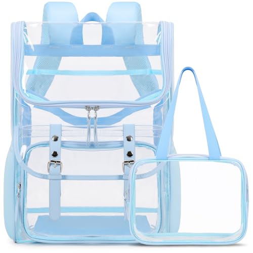DIGOBAY Clear Backpack with Lunch Bag Set, Leather Clear Backpack Heavy Duty Thick PVC Bookbag Large See Through Transparent Backpacks with Support Pad for College Travel Workplace Security Blue - color: Blue