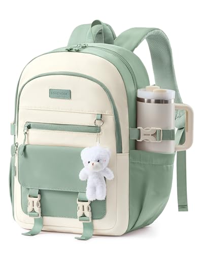 LOVEVOOK School Backpack for Teen Girls, Cute Student Bookbag Fits 15.6 Inch Laptop, Back to School Backpacks for 8-18 Teenager Kid, Large College Travel Back Pack with Water Bottle Holder Green - color: Cream-bean Green, size: 15.6 Inch