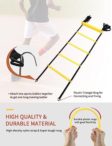GHB Agility Ladder Speed Training Ladder Workout Ladder with 6 or 10 Cones 12 Rung 20ft with Resistance Parachute - color: Yellow-6 Cones