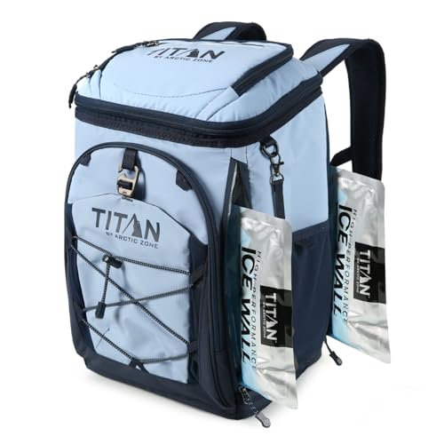 Titan Deep Freeze Ice Wall Backpack Cooler 30 Can Cooler Bag with Ice Packs - color: Dark Arctic Blue
