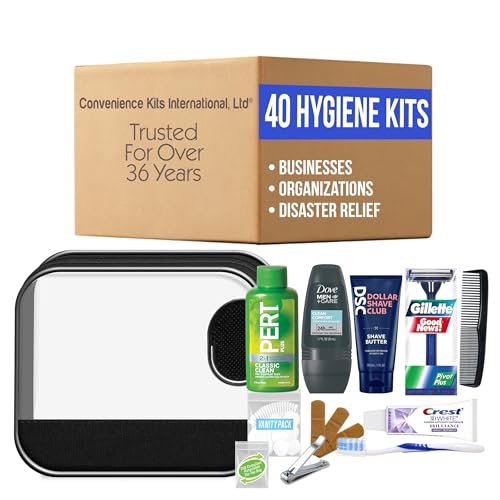 Convenience Kits International Men's 16-Piece Travel Skin Care and Body Care Kit with Shampoo, Body Wash, Lotion, Deodorant in Reusable Toiletry Bag, 40 Count Bulk Case - size: 40 Kits