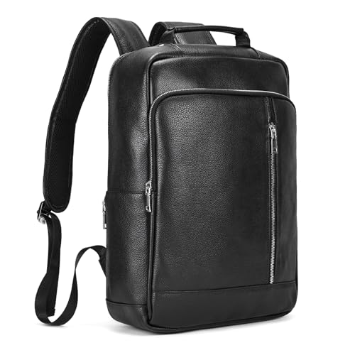 Genuine Leather Backpack Men Casual Daypack 15.6 Inch Laptop Rucksack Business Travel Outdoor Shoulder Bag with Trolley Sleeve (Black) - color: 8028-black