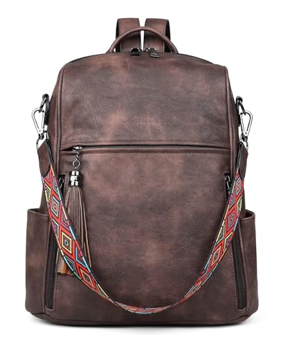 FADEON Leather Backpack Purse for Women Designer Travel Backpack Purses PU Fashion Ladies Shoulder Bag with Tassel Coffee - color: 1 Coffee Brown Retro Style, size: Medium (14-in Height)