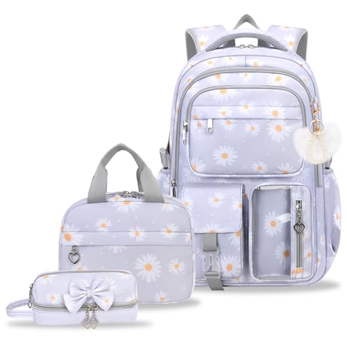 Girls Backpack Set with Lunch Box & Pencil Case, Floral Print Girls School Backpack for Elementary/Middle/High School (Grey-Daisy) - color: Grey-daisy