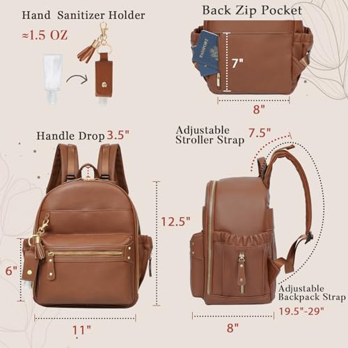 miss fong Small Diaper Bag Mini Diaper Bag Backpack Mini Backpack with 11 Pockets Baby Diaper Bag with Hand Sanitizer Holder, 2 Insulated Pockets - color: Brown