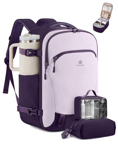 LOVEVOOK 40L Travel Backpack for Women, Airline Approved Carry On Backpack with 2 Packing Cubes, Waterproof Personal Item Bag Fits 17" Laptop, TSA Traveling Essentials Weekender Overnight Backpack - color: Purple, size: 40L-3PCS