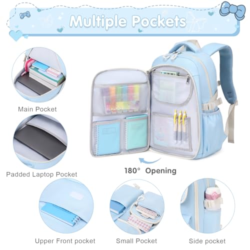 ACESAK Girls Backpack - 3PCS Backpack for Girls Cute School Backpacks for Girl Kindergarten Elementary Preschool Middle Kids School Bags with Lunch Box Pencil Case Set (Blue Beige) - color: Blue Beige