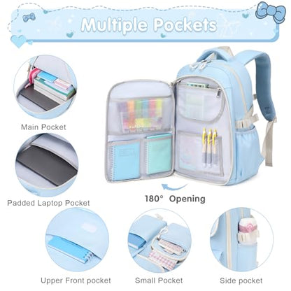 ACESAK Girls Backpack - 3PCS Backpack for Girls Cute School Backpacks for Girl Kindergarten Elementary Preschool Middle Kids School Bags with Lunch Box Pencil Case Set (Blue Beige) - color: Blue Beige