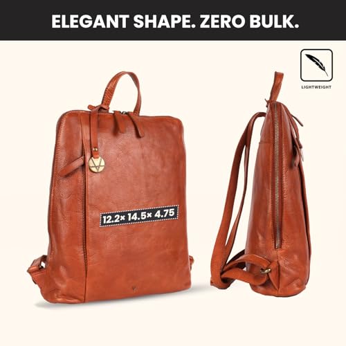 12.5 Inch Genuine Leather Backpack for Women and Men, Cognac Leather Backpack with Adjustable Shoulder Strap - color: Cognac