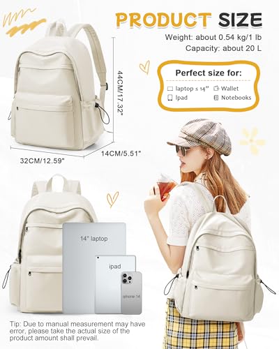 BJLFS Beige School Backpack for Girls Women Waterproof High School Book Bag Cute Backpack for Men Teens Boys, Lightweight Simple Middle School Back Pack Daypack - color: Beige