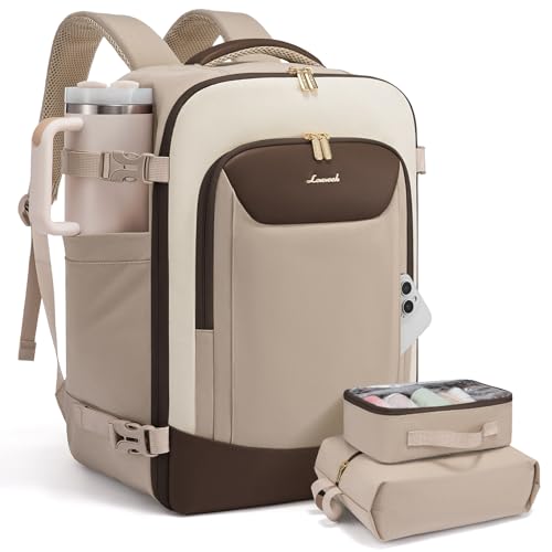 LOVEVOOK 40L Travel Backpack for Women Men, Large Carry on Backpack for Airplanes TSA Personal Item Travel Bag fits 15.6" Laptop, Waterproof Weekender Essentials Airline Approved with 2 Packing Cubes - color: Nude-beige-coffee, size: 40L-3Pcs