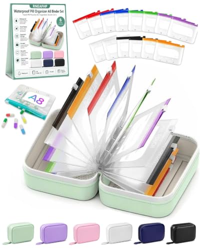 Waterproof Pill Organizer A8 Binder Set Pill Pouches for Travel 14PCS Bags Inside Large Zippered Pouch Bpa-Free Weekly Medicine Air Tight Pocket Color-Coded Reusable Travel Storage System - color: Green