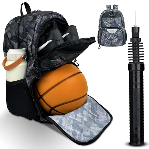 Soccer & Basketball Sports Bag with Ball Pump - Basketball Backpack with Separate Ball & Shoes Holder Compartment, Soccer Basketball Football & Volleyball Bag with Large Capacity - color: Grey