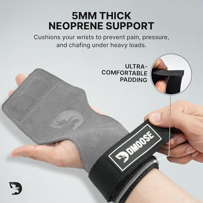 DMoose Fitness Weight Lifting Hooks (Pair) for Deadlifts, Pull Ups, Rows & Shrugs - Anti-Rip Nylon Strap Hand Grips with Thick Wrist Padding - Heavy Duty Wrist Straps for Weightlifting & Gym Workouts - color: Gray Lifting Grip
