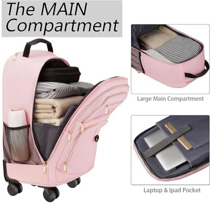 MATEIN Pink Rolling Backpack, 18 inch Womens Roller Laptop Bag with 4 Spinner Wheels, Water Resistant Wheeled Backpack Carry on Luggage, Extra Large Travel Rolling Suitcase Bag - color: Pink, size: 18 inch
